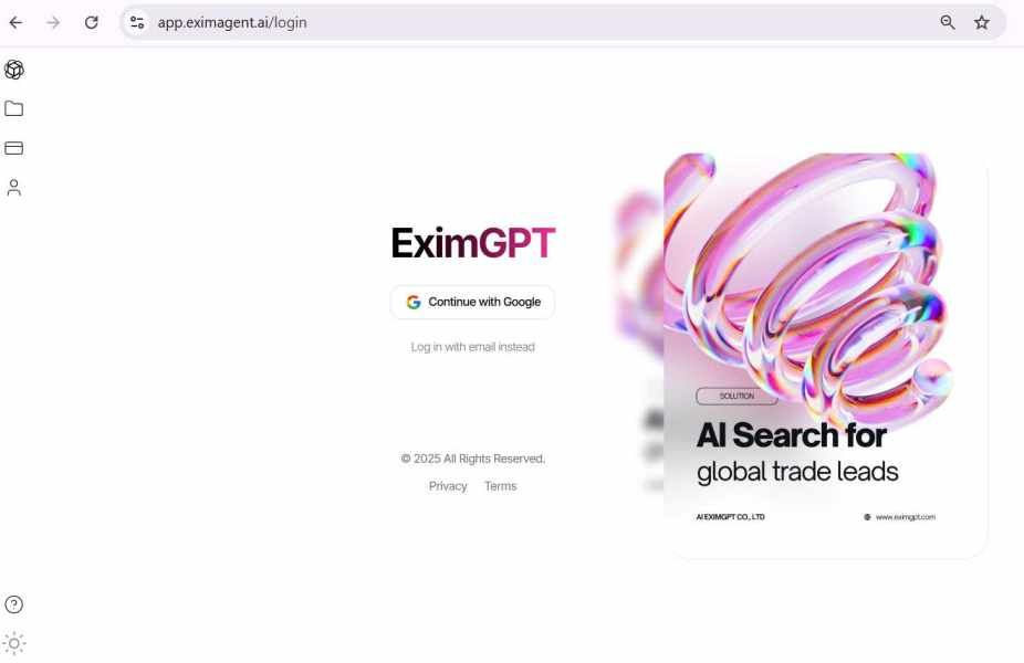 EximGPT secure login screen featuring 3D graphics for AI trade search, serving as the entry point for the custom AI chatbot website builder application.
